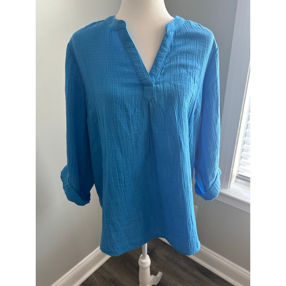 Soft Surroundings PL Blue Gauze Tunic Top Roll Tab Sleeves Boho Coastal Casual
